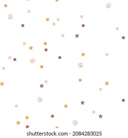 Seamless pattern of color dots, star, footprints on white background.