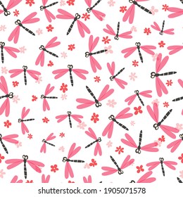 Seamless pattern with color dragonfly and flowers on white background. Romantic vector illustration. Adorable cartoon character. Template design for invitation, textile, fabric. Doodle style.