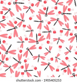 Seamless pattern with color dragonfly and flowers on white background. Romantic vector illustration. Adorable cartoon character. Template design for invitation, textile, fabric. Doodle style.
