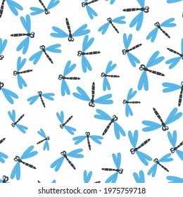 Seamless pattern with color dragonfly on white background. Romantic vector illustration. Adorable cartoon character. Template design for invitation, textile, fabric. Doodle style.