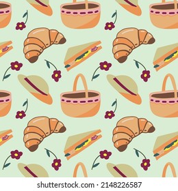 Seamless pattern color drawings of picnic elements croissant, basket, sandwich, hat