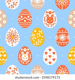 Seamless pattern with color Easter eggs on blue background for Your spring holiday design