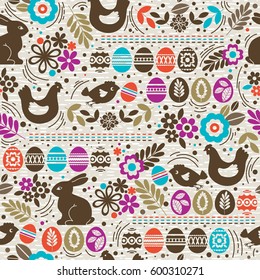 Seamless  pattern with color easter eggs, rabbit, flowers and hen.
Ideal for printing onto fabric and paper or scrap booking, vector illustration