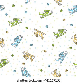 Seamless pattern of color fashionable sneakers. Cartoon flat vector illustration. Objects isolated on a white background.