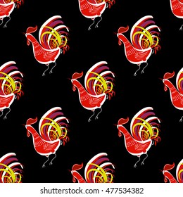 Seamless pattern with color fire cock on black background. Chinese calendar Zodiac for 2017 New Year of red rooster. Isolated vector silhouettes made in folk style.