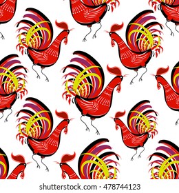 Seamless pattern with color fire cock on white background. Chinese calendar Zodiac for 2017 New Year of red rooster. Isolated vector silhouettes made in folk style.
