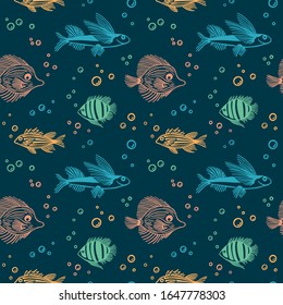 Seamless pattern of color fish with bubbles on blue background. Childrens vector outline endless fish pattern. For wrapping paper, box,scrapbooking, background, textile. For market, aquarium