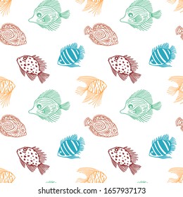 Seamless pattern of color fish on white background. Funny vector outline endless fish pattern. For wrapping paper, box,scrapbooking,web background. Design for fish market, shop, restaurant.