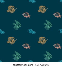 Seamless pattern of color fish on dark blue background. Childrens vector outline endless fish pattern. For wrapping paper, box,scrapbooking, background, textile. For market, aquarium
