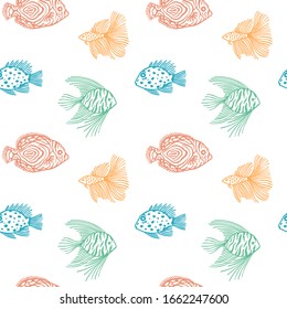 Seamless pattern of color fish on white background. Funny vector outline endless fish pattern. For wrapping paper, box,scrapbooking,web background. Design for fish market, shop, restaurant.