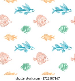 Seamless pattern of color fish on white background. Funny vector outline endless fish pattern. For wrapping paper, box,scrapbooking,web background. Design for fish market, shop, restaurant.