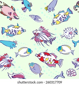 Seamless pattern  with color fishes and bubbles. Vector Illustration
