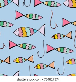 Seamless pattern with color fishing. Can be used for the design of children's clothing, cards, prints. Vector illustration.