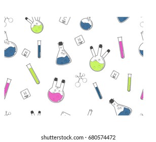 Seamless pattern with color flasks and beaker on the white background