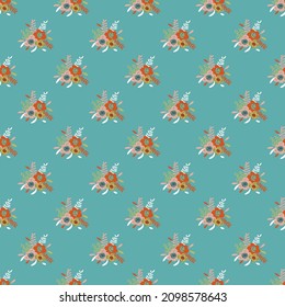 Patrón sin brillo con flores de color sobre fondo azul. Ilustración vectorial.