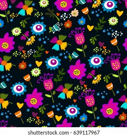 Seamless pattern of the color flowers on a dark background