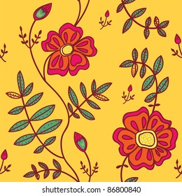 Seamless pattern with color flowers on orange background. Vector illustration.