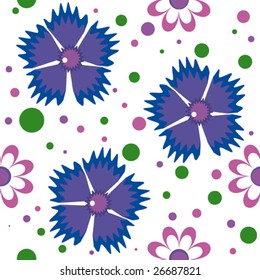 Seamless pattern with color flowers and spots. Vector illustration.