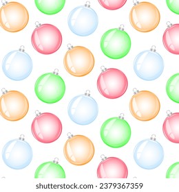 Seamless pattern color glass Christmas balls. Element of holiday decoration. Vector object for christmas design, mockup, postcard, invitation, poster, banner.