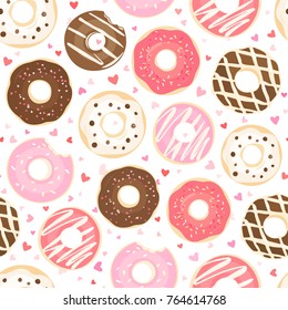 Seamless pattern of color glazed donuts and little pink hearts on white. Vector color illustration