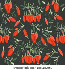 Seamless Pattern with Color Goji Berries and Twigs. Vibrant Wolfberries Silhouettes Isolated on the Backdrop. Ideal for Magazine, Recipe book, Poster, Cards, Menu cover, any Advertising.