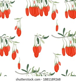Seamless Pattern with Color Goji Berries and Twigs. Vibrant Wolfberries Branch Isolated on White Background. Ideal for Magazine, Recipe book, Poster, Cards, Menu cover, any Advertising.