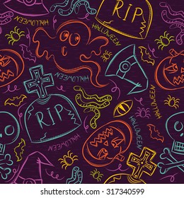 Seamless Pattern with color Halloween ghost, skull and  pumpkin