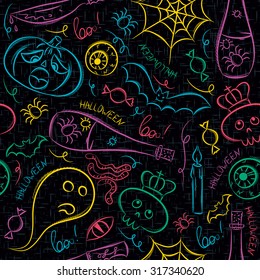 Seamless Pattern with color Halloween ghost, skull and  pumpkin