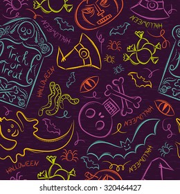 Seamless Pattern with color Halloween ghost, skull and  pumpkin