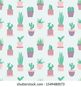 Seamless pattern of color hand drawn house plants cactuses. Cute flowerpots. Succulent and cacti flat collection. Textile and background design with desert plants.