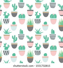Seamless pattern of color hand drawn house plants cactuses. Cute flowerpots. Succulent and cacti flat collection. Textile and background design with desert plants.