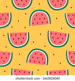 Seamless pattern of color hand drawn watermelons. Cartoon style. Vector illustration.