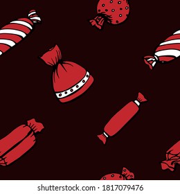 Seamless pattern. Color hand drawn illustration. Various shapes of red candies and sweets. Handwritten graphic techniqe