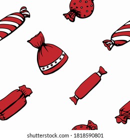 Seamless pattern. Color hand drawn illustration. Various shapes of red candies and sweets. Handwritten graphic techniqee