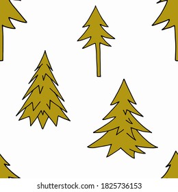 Seamless pattern. Color hand drawn illustration. Stylized graphic image of different fir trees. Handwritten graphic techniqe. New Year's theme for packaging products. Green Christmas trees on white