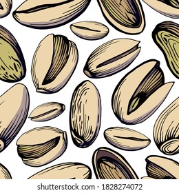 Seamless pattern. Color hand drawn illustration of pistachio and nuts in shell. Health products. Handwritten graphic technique