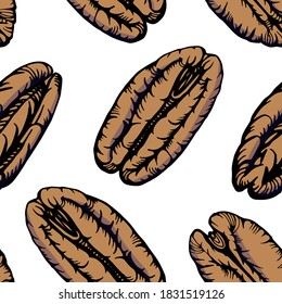 Seamless pattern. Color hand drawn illustration of pecans and nutshells. Handwritten graphic technique