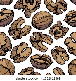 Seamless pattern. Color hand drawn vector outline illustration of a walnut. Walnut kernels and shells. Handwritten graphic technique