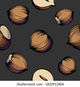 Seamless pattern. Color hand drawn illustration of a hazelnut. Handwritten graphic technique