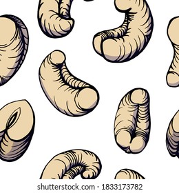 Seamless pattern. Color hand drawn illustration of cashew nuts and shell nuts. Handwritten graphic technique