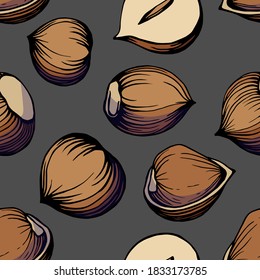 Patrón sin foco. Ilustración dibujada a mano de color de una avellana. Técnica gráfica manuscrita