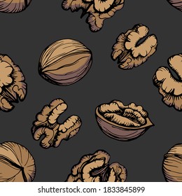 Patrón sin foco. Ilustración del contorno del vector dibujado a mano de color de una nuez. Cuernos y cáscaras de nueces. Técnica gráfica manuscrita