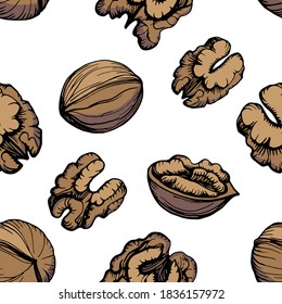 Seamless pattern. Color hand drawn vector outline illustration of a walnut. Walnut kernels and shells. Handwritten graphic technique