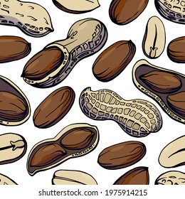 Seamless pattern. Color hand drawn illustration of a 
peanut in shell and peeled nuts. 
Allergic reaction to peanuts (to nuts). Handwritten graphic technique