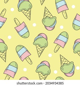 Seamless pattern of color hand drawn Ice cream for design. Endless pattern on green background for print, textile, packaging, menu