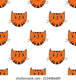 Seamless pattern with color hand drawn cat head in cartoon style. Vector illustration