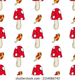 Seamless pattern with color hand drawn mushroom in retro style. Vector illustration