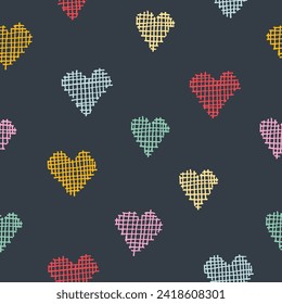 Seamless pattern with color hand drawn hearts on dark background. Vector