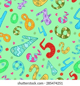 Seamless pattern with color hand drawn cartoon numbers. Vector illustration