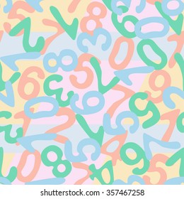 Seamless pattern with color hand drawn funky numbers on color background.